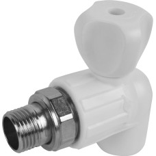 Кран полипропиленовый PP-R запорный угловой стандартнопроходной НР белый ручка-вентиль для радиатора Ру 10 Pro Aqua 20 мм 1/2" ГОСТ 32415-2013
